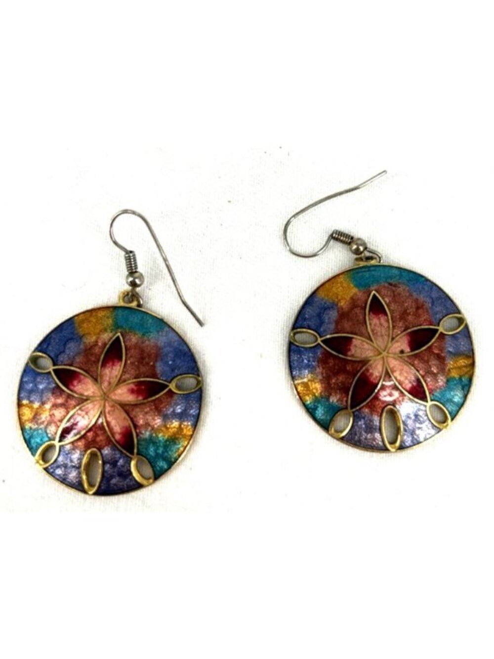 Sand Dollar Earrings Enamel Colorful Metal Dangling 1.25" Pierced